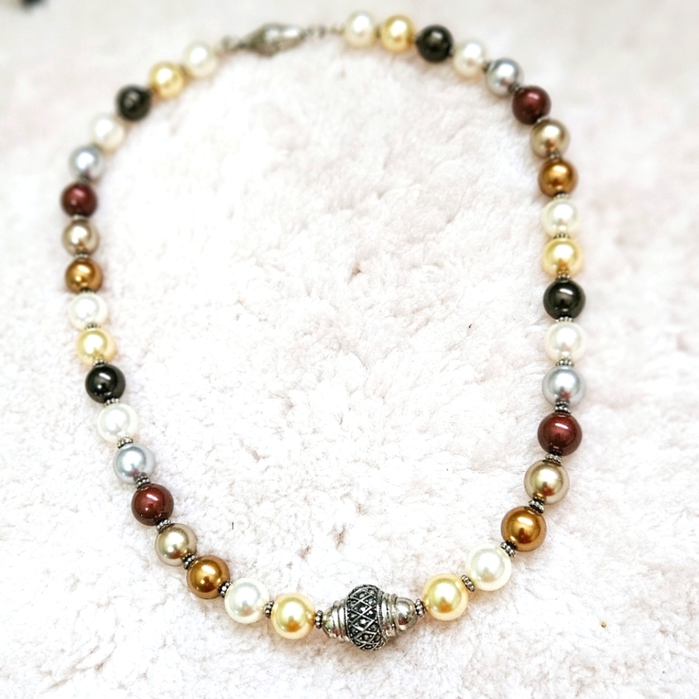 Unique Vintage Multi-Tone Pearl Necklace - Gold, Silver, Bronze, White Pearls